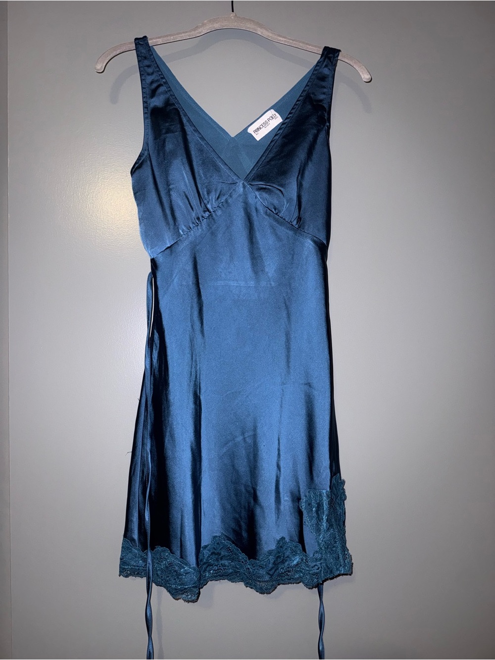 Princess Polly Teal Satin Slip Dress with Lace Trim